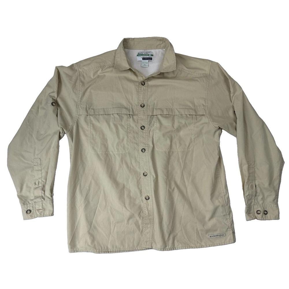 Exofficio Insect Shield Buzz Off Shirt Mens Medium Beige Vented LS Poly Blend